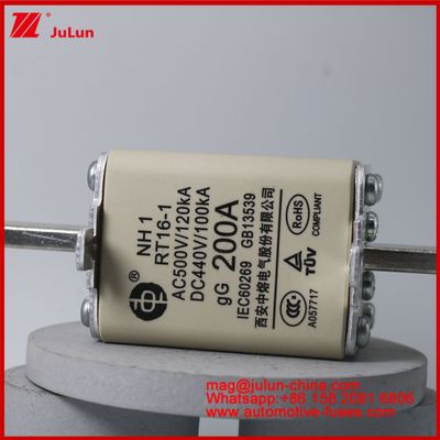 NH1 RT16-1 200A AC500V 120KA DC 440V 100KA 자동차 세라믹 오토 퓨즈 블레이드 마운트 EV / HEV 차량용 소규모 고 등급 전류 단회로 보호