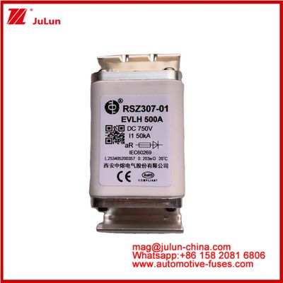 RSZ307-01 EVLH 500A 750VDC 퓨즈 50KA 제곱 세라믹 자동차 충전기 전기 차량 장치 및 장비 작은 크기 낮은 녹기 I2t 값 높은 깨기 용량 에너지